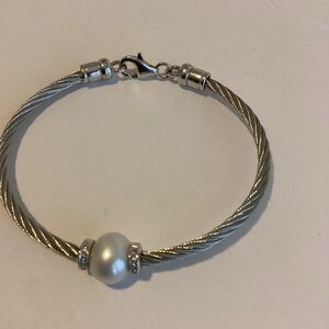 925 Sterling Silver Twisted Cable Pearl Bangle Bracelet Classic Layering Piece
